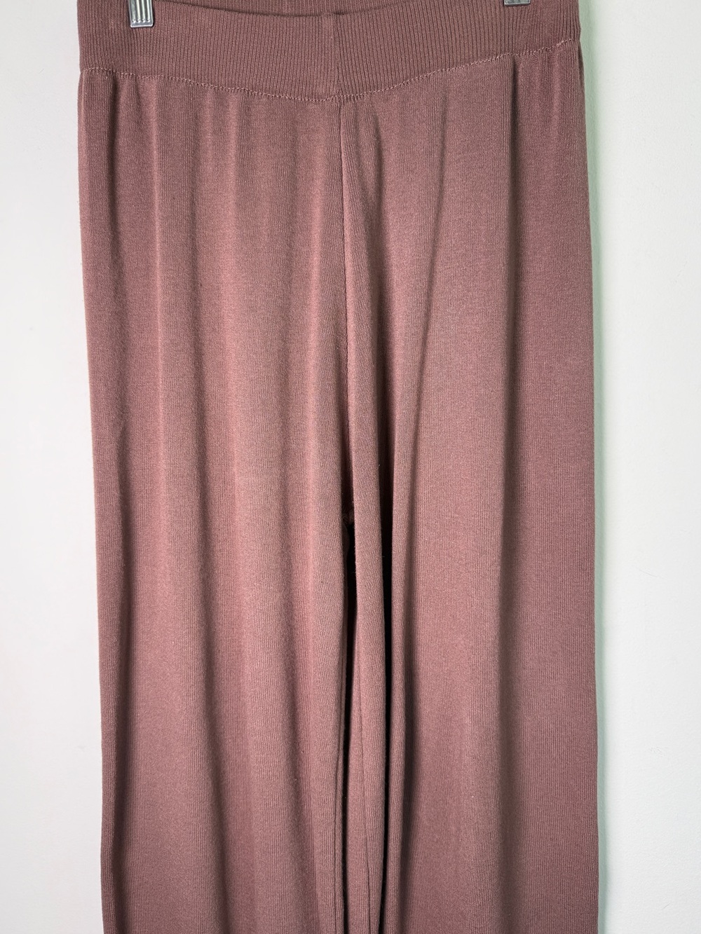Brown Ribbed Knit Wide Leg Pants Cream Stripe Hem Side Slit Sz S - Picture 2 of 8